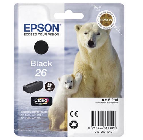 Original Cartouche d'encre noire originale
ID-Fabricant: No. 26 bk, C13T26014010 Epson Expression Premium XP-820