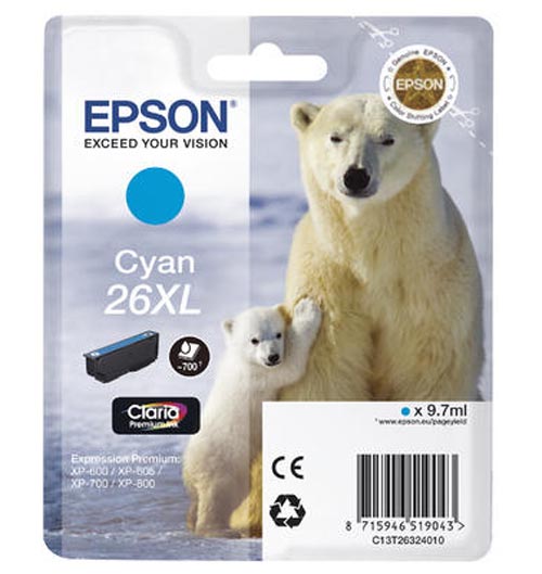 Original Cartouche d'encre cyan originale, XL
ID-Fabricant: No. 26XL c, C13T26324010 Epson Expression Premium XP-820