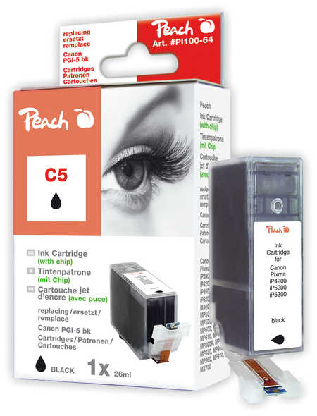 Peach Cartouche d'encre  noir avec puce, compatible avec
ID-Fabricant: PGI-5BK, 0628B001, 0628B029 Canon Pixma IP 4500