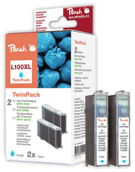 Peach  Pack à deux, 2 cartouches d'encre cyan avec puce, compatible avec
ID-Fabricant: No. 100XLC*2, 14N1069E, 14N1093 Lexmark Impact S 305