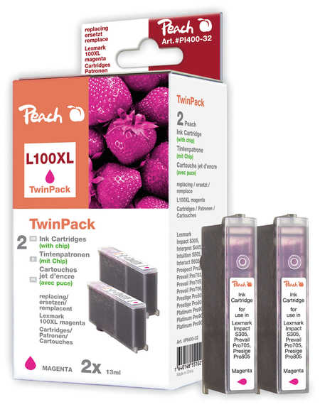 Peach  Pack à deux, 2 cartouches d'encre magenta avec puce, compatible avec
ID-Fabricant: No. 100XLM*2, 14N1070E, 14N1094 Lexmark Impact S 305