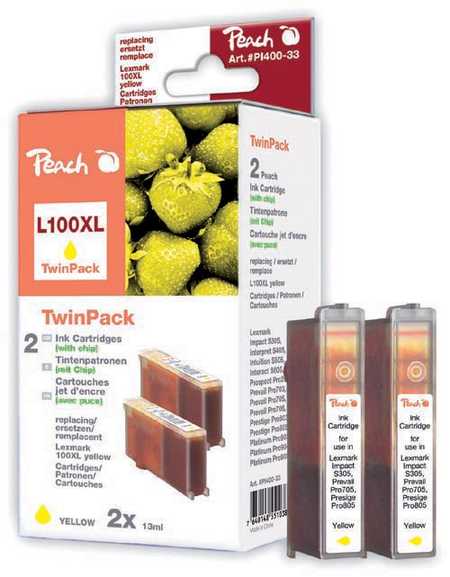 Peach  Pack à deux, 2 cartouches d'encre jaune avec puce, compatible avec
ID-Fabricant: No. 100XLY*2, 14N1071E, 14N1095 Lexmark Impact S 305
