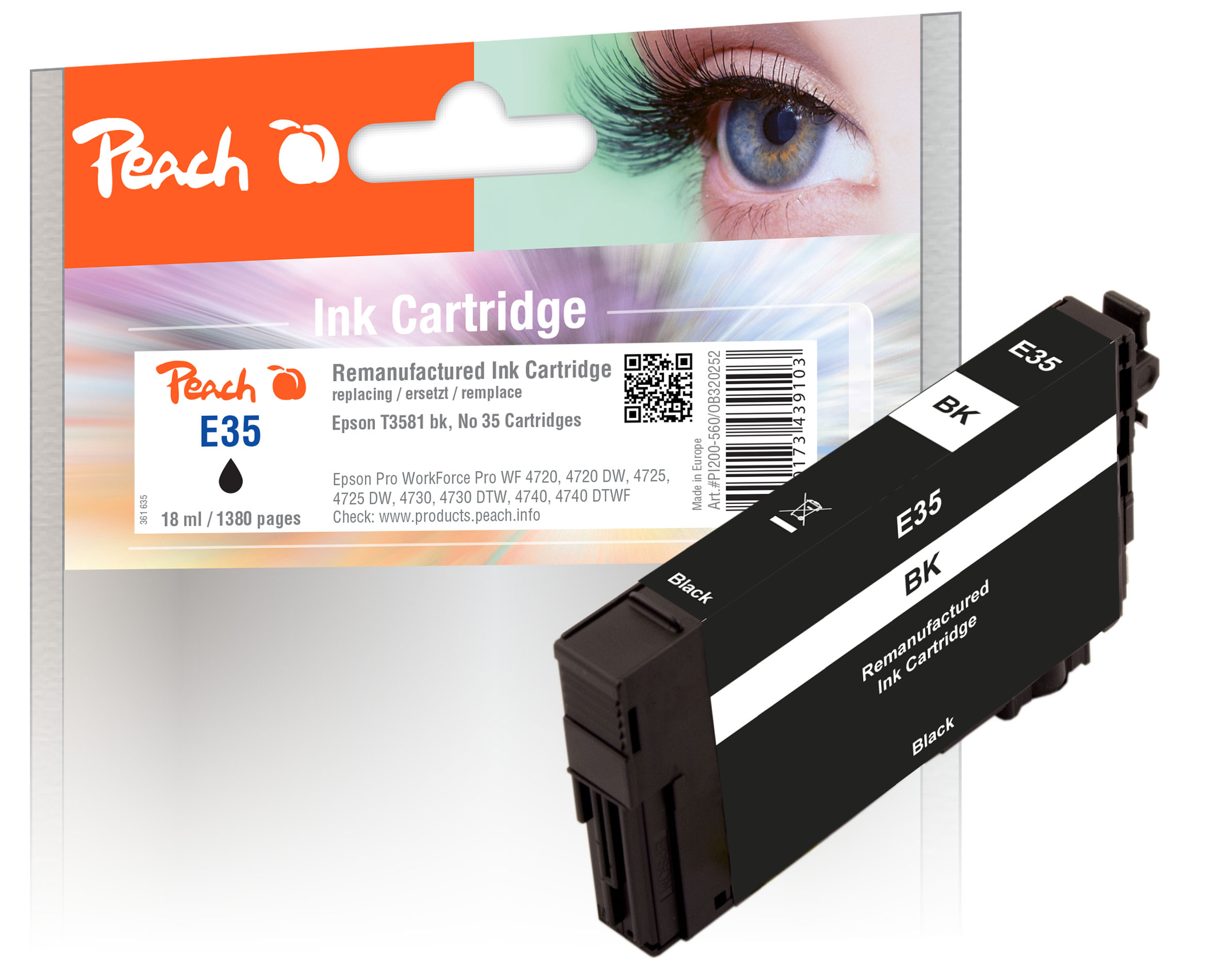 Peach Cartouche d'encre  noir, compatible avec
ID-Fabricant: T3581, No. 35 bk, C13T35814010 Epson WorkForce Pro WF-4725 DWF