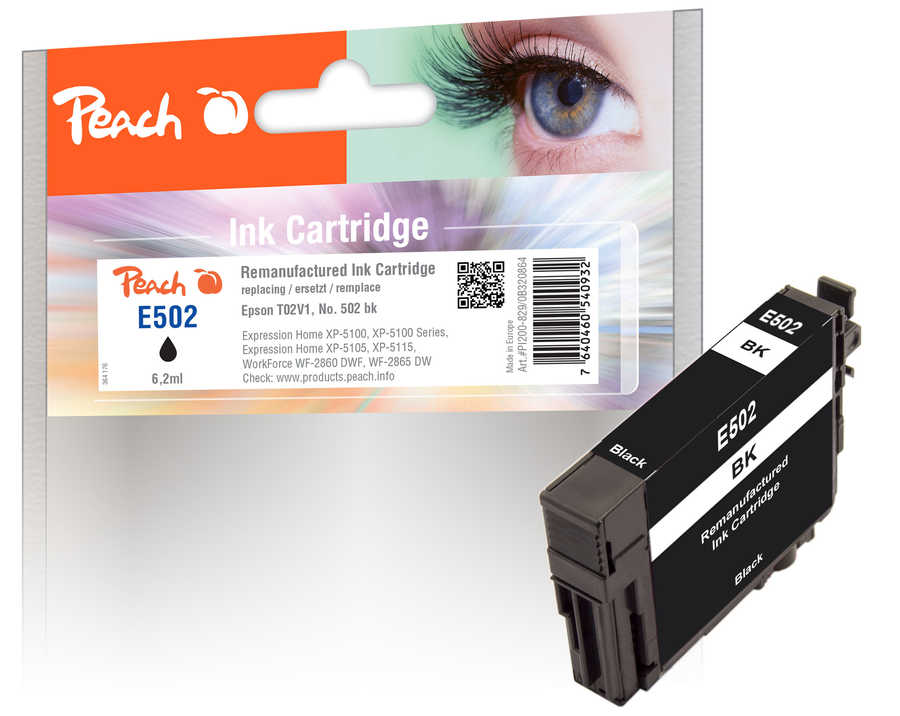 Peach Cartouche d'encre  noir, compatible avec
ID-Fabricant: No. 502BK, C13T02V14010 Epson WorkForce WF-2860 DWF