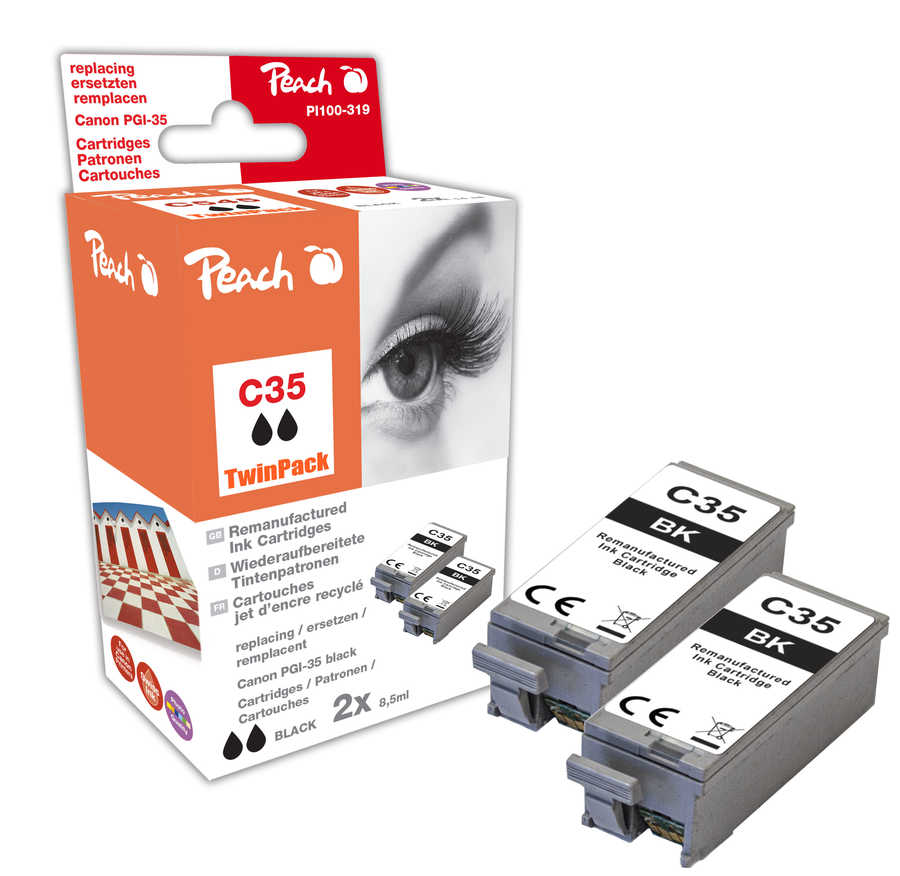 Peach  Twin Pack cartouche d'encre noire, compatible avec
ID-Fabricant: PGI-35BK*2, 1509B001*2 Canon Pixma IP 110 Battery