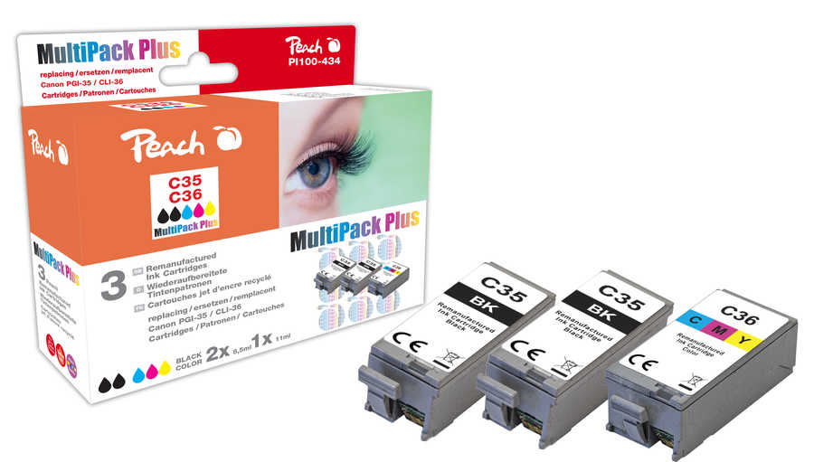 Peach  Multipack Plus, compatible avec
ID-Fabricant: PGI-35BK, CLI-36C, 1509B001*2, 1511B001 Canon Pixma IP 110 Battery